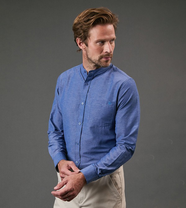 Grandad Collar Chambray Long Sleeves Shirt