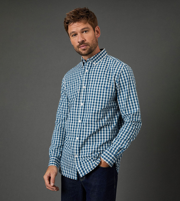 قميص كاروهات كم طويل بأزرار 