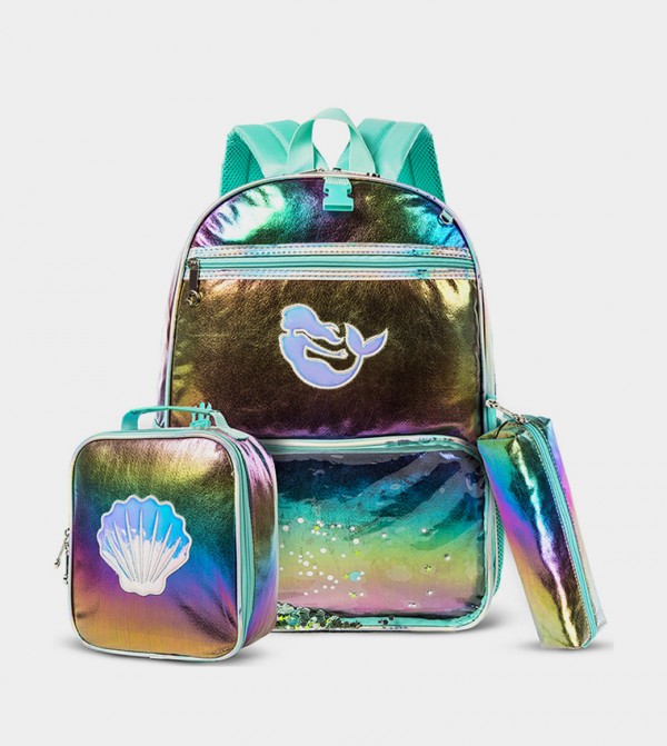 Mermaid Shell Printed Set of 3School Bag, Lunch Bag and Pencil Case, 17 Inch