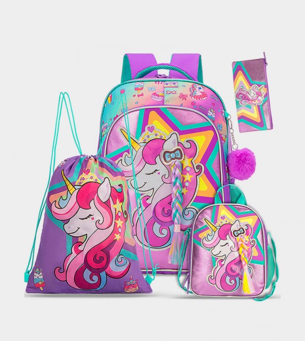 Set of 4 Unicorn School Bag, Lunch Bag Activity Bag and Pencil Case, 18 Inch