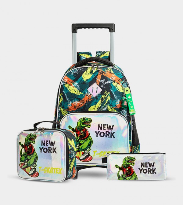 Eazy Kids - 17" Set of 3 Trolley School Bag Lunch Bag , Pencil Case New York Dinosaur - Green