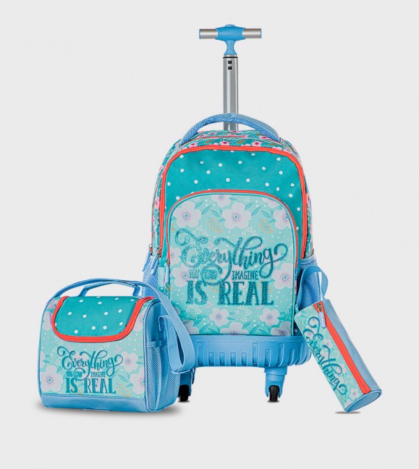 18" 4-Wheel Trolley School Bag Set with Lunch Bag and Pencil Case - Flora Edition 