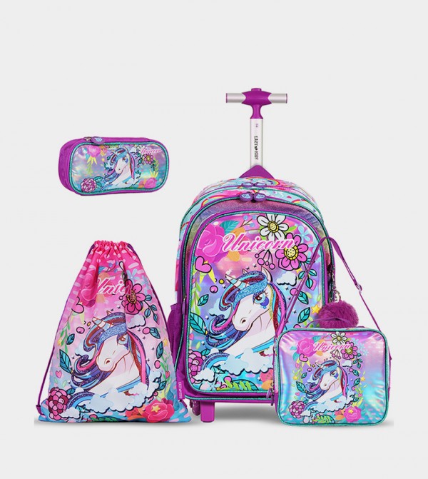 Eazy Kids - Back to School - 18" Set of 4 School Bag Lunch Bag Activity Bag , Pencil Case Unicorn - Pink 
