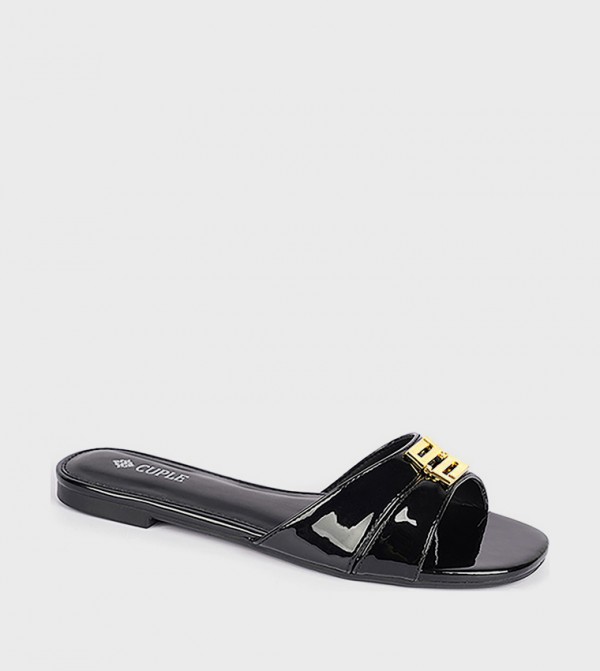 Metal Accent Open Toe Slide Sandals