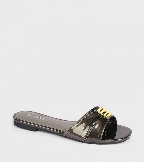 Metal Accent Open Toe Slide Sandals