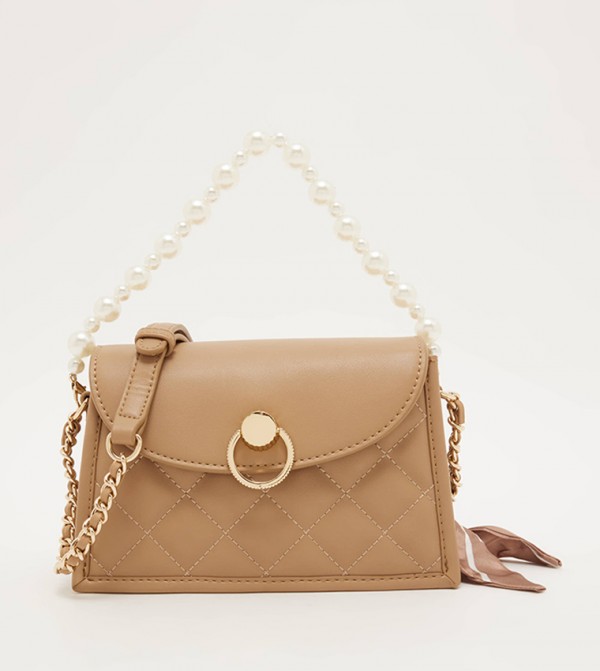 Quilted Pearl Detail Strap Crossbody Bag
