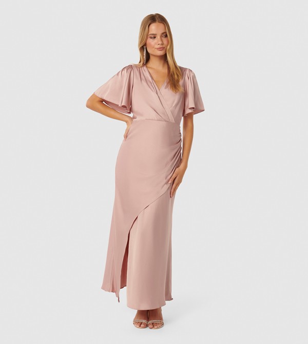 CHELSEA Flutter Sleeves Satin Maxi Dress