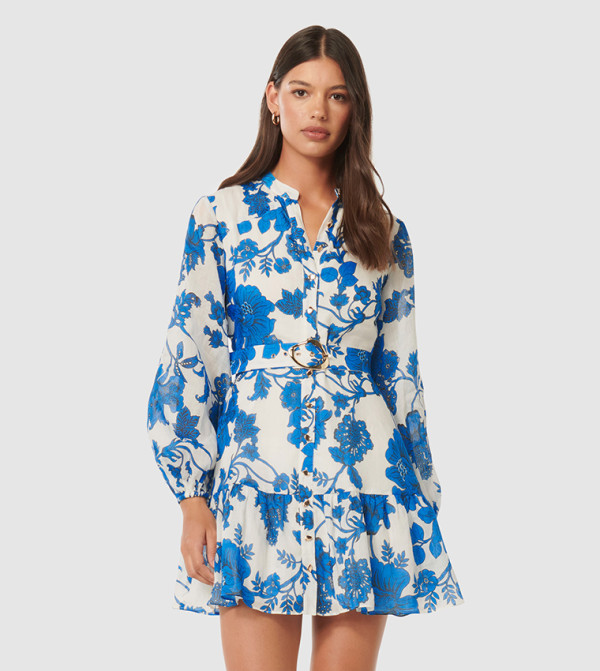 forever new blue and white dress Bella Shirred Cotton Midi Dress in Blue - Size 4 to 16