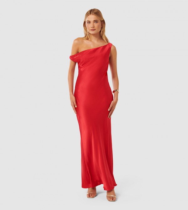 BLAKE Satin Asymmetric Shoulder Maxi Dress