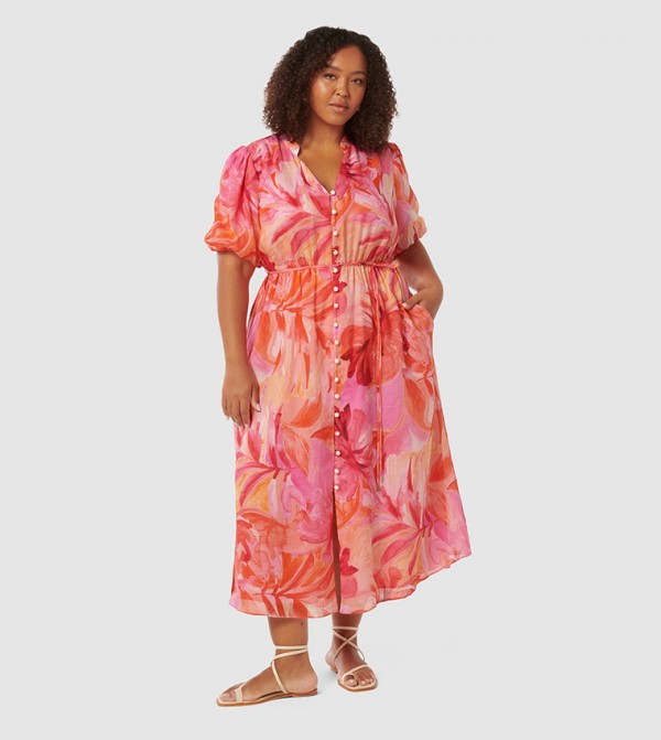 LOREN Printed Puff Sleeves Curve Midi Dress