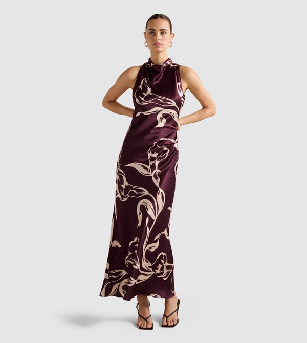 MICHELLE Printed Backless Satin Maxi Dress