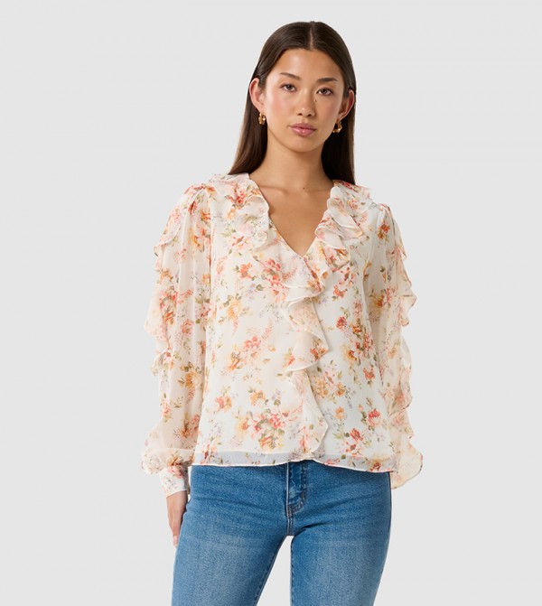 NOVI Printed V-Neck Ruffle Top