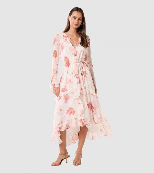 KYA Printed Long Sleeves Frill Midi Dress