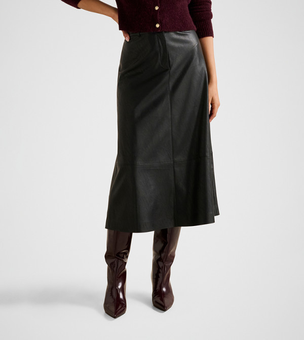 JAELYN Vegan Leather Midi Skirt