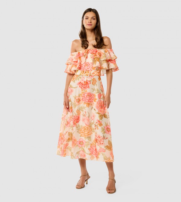 JEMIMA Ruffled Off Shoulder Midi Dress