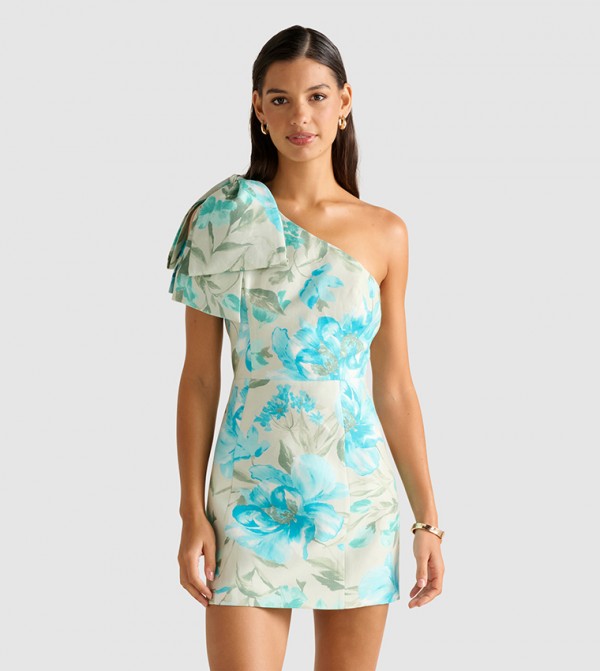 DARCY Printed One Shoulder Bow Mini Party Dress