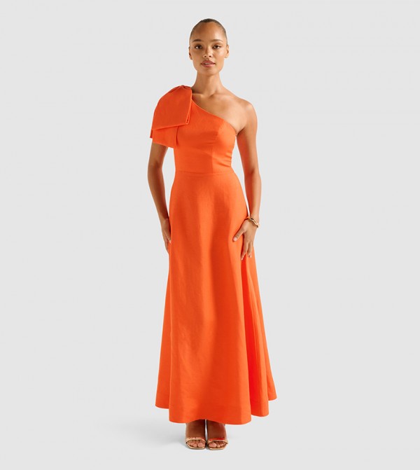 DANNI One Shoulder Asymmetric Bow Midi Dress