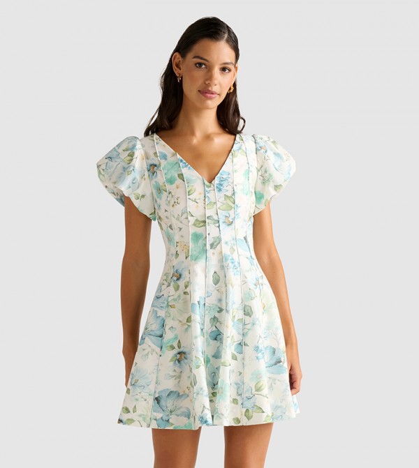 CAMDEN Printed Bubble Sleeves Mini Dress