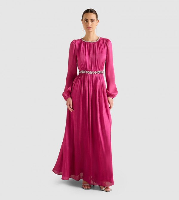 ELVIA Metallic Belted Maxi Dress