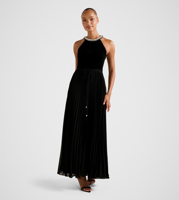 GWEN Halterneck Pleated Midi Dress