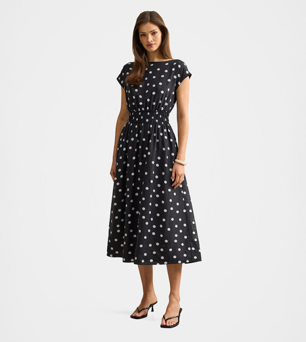CALLIE Polka Dots Elastic Waist Midi Dress