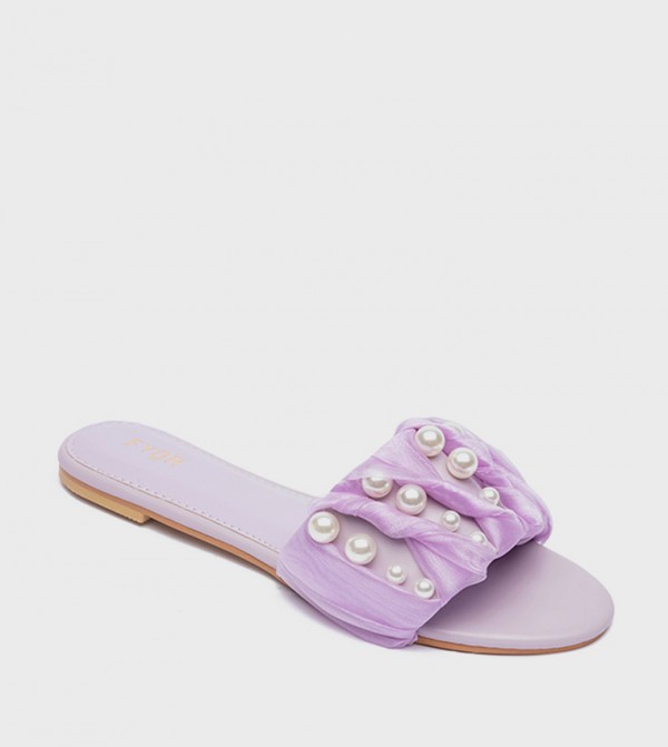 Pearl Detail Open Toe Flat Sandals