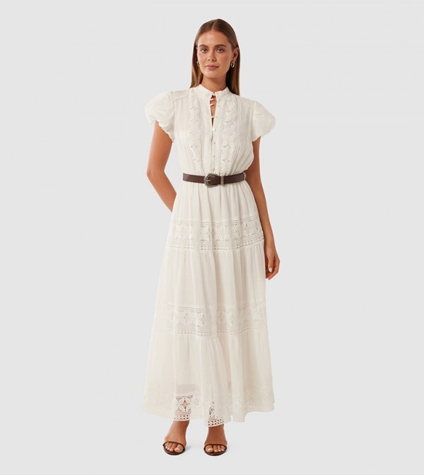 AMY Embroidered Belted Trim Midi Dress