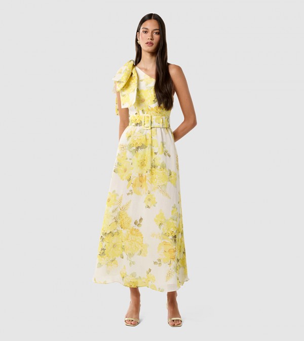 LISA Printed One Shoulder Ruffle Midi Dress