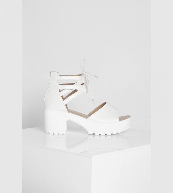 Buy Boohoo Lace Up 2 Part Cleated Block Heel Sandals In White