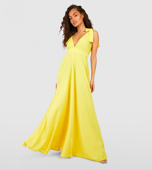 Buy Boohoo Tie Shoulder Plunge Maxi Dress In Yellow | 6thStreet 