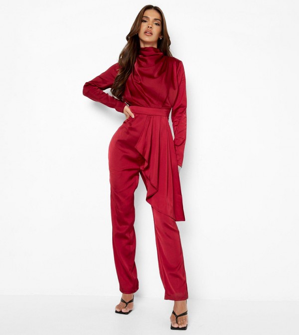 Buy Boohoo Drape Detail Wide Leg Jumpsuit In Red 6thstreet Saudi Arabia