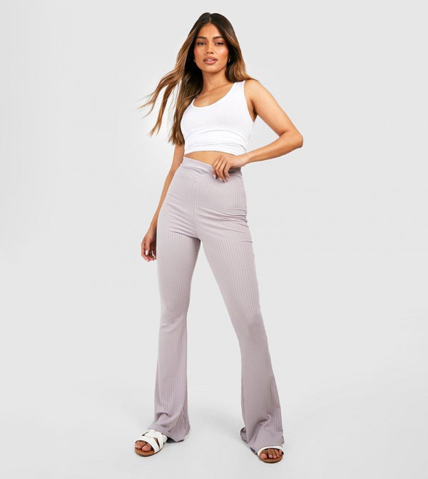 Dark Grey Ribbed Flared Trousers | New Look