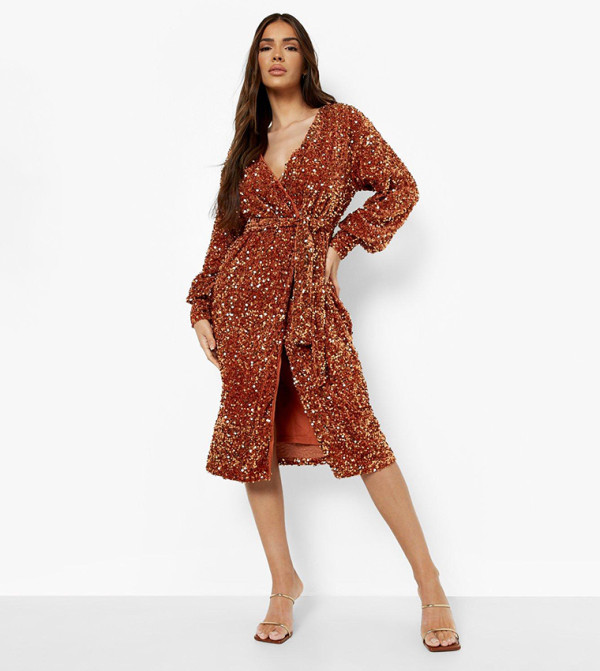 boohoo orange sequin dress Burnt Orange boohoo Plus Sequin Ruched Waist Skater Dress