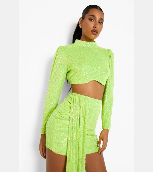 Buy Boohoo Bright Sequin High Neck Crop Top In Green 6thStreet UAE
