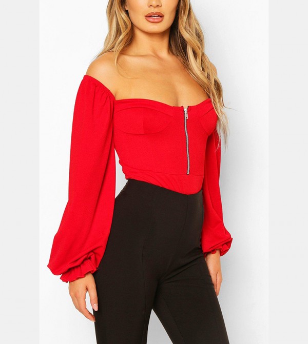 Red Sequin Volume Sleeve Plunge Bodysuit