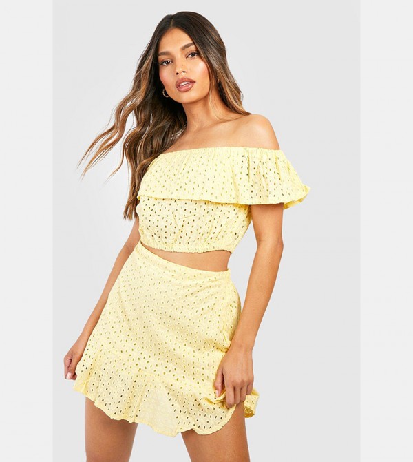 Buy Boohoo Broiderie Anglaise Off Shoulder And Skirt Co Ord Set In ...