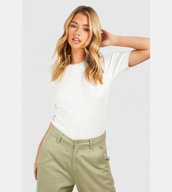Rib Knit Crew Neck Short Sleeves Knitted Top