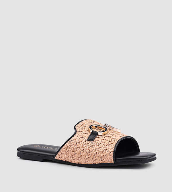 Metal Accent Raffia Flat Sandals