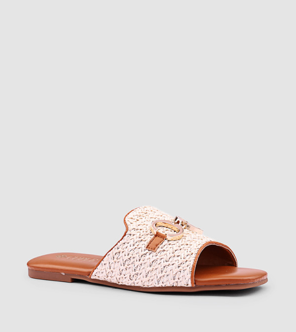 Metal Accent Raffia Flat Sandals
