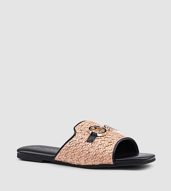 Metal Accent Raffia Flat Sandals