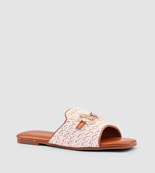 Metal Accent Raffia Flat Sandals
