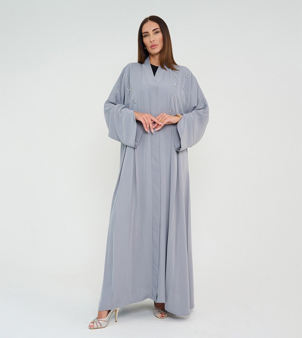 Embroidered French Cut Pleated Open Abaya