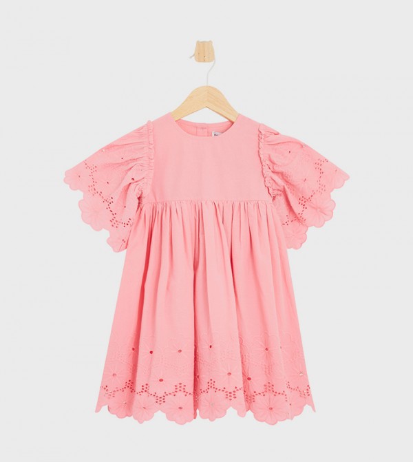 Schiffli Flutter Sleeves Flared Dress