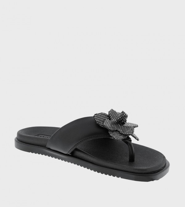 Floral Embellished T-Strap Flat Sandals