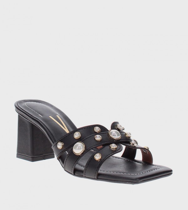 Pearl Detail Square Toe Heel Sandals