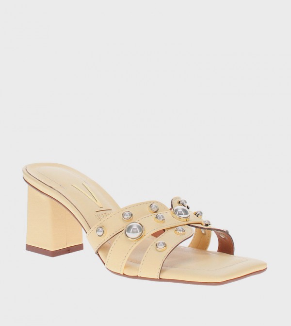 Pearl Detail Square Toe Heel Sandals