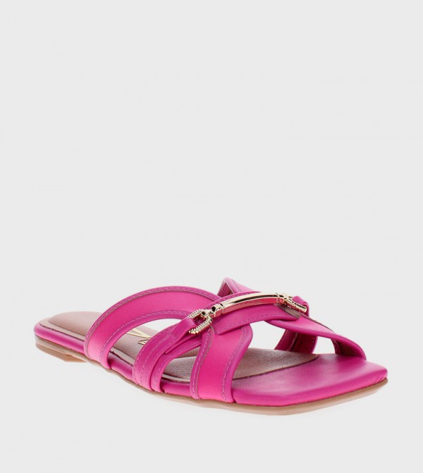 Metal Accent Square Toe Flat Sandals