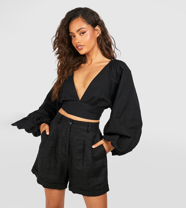 Linen Look Balloon Sleeves Tie Back Crop Top