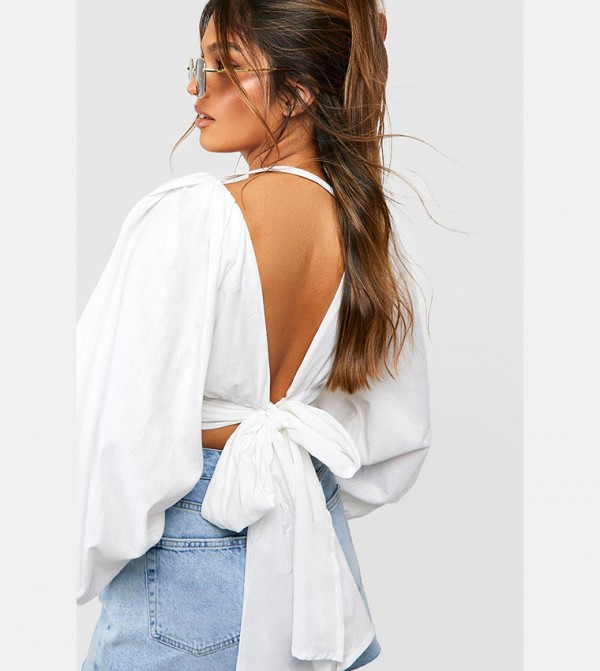 Linen Balloon Sleeves Tie Back Crop Top