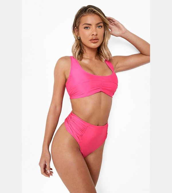 Buy Boohoo Neon Ruched High Waisted Thong Bikini Brief In Pink 6thStreet Qatar